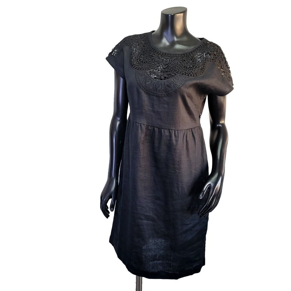 Boden Womens 6R Black Fleur Embroidered‎ Linen Sheath Day Casual Dress
